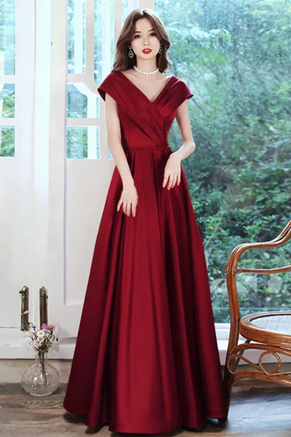 Anneprom Cheap A line Burgundy V neck Long Prom Dress Simple Evening Dress APP0634