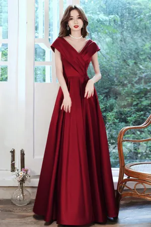 Anneprom Cheap A line Burgundy V neck Long Prom Dress Simple Evening Dress APP0634