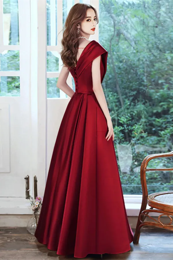 Anneprom Cheap A line Burgundy V neck Long Prom Dress Simple Evening Dress APP0634