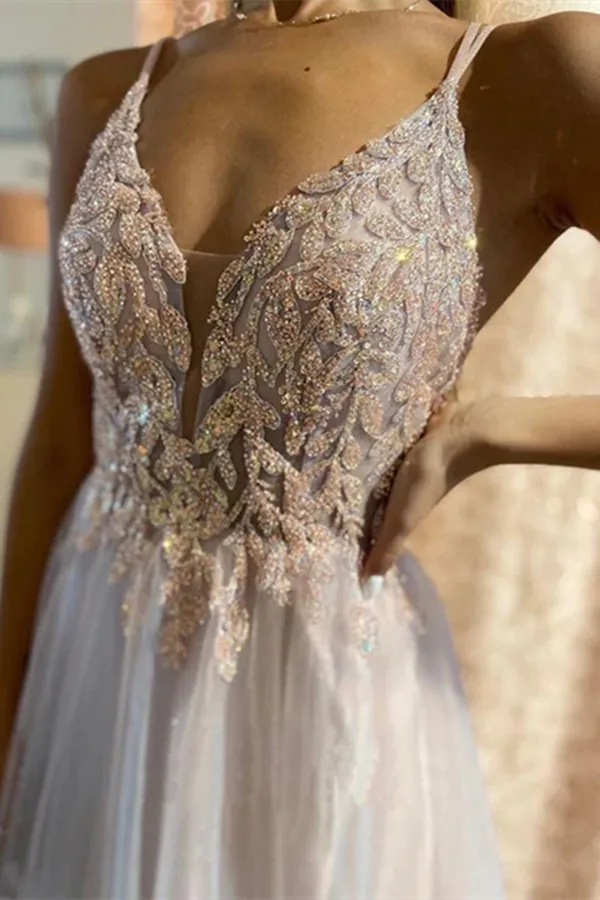 Anneprom Cheap A line Spaghetti Straps V neck Prom Dress Long Applique Tulle Evening Dresses APP0601