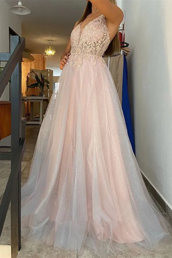 Anneprom Cheap A line Spaghetti Straps V neck Prom Dress Long Applique Tulle Evening Dresses APP0601
