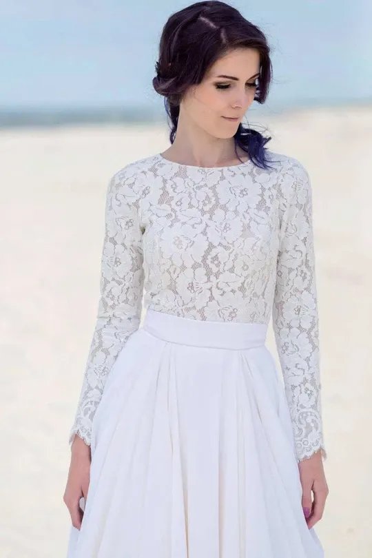 Anneprom Chiffon Lace Button Long Sleeve White Zipper Wedding Dress APW0354