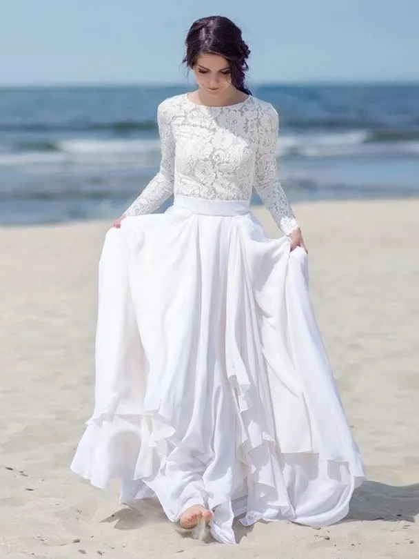 Anneprom Chiffon Lace Button Long Sleeve White Zipper Wedding Dress APW0354