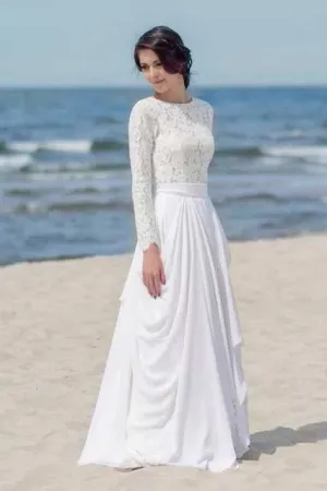 Anneprom Chiffon Lace Button Long Sleeve White Zipper Wedding Dress APW0354