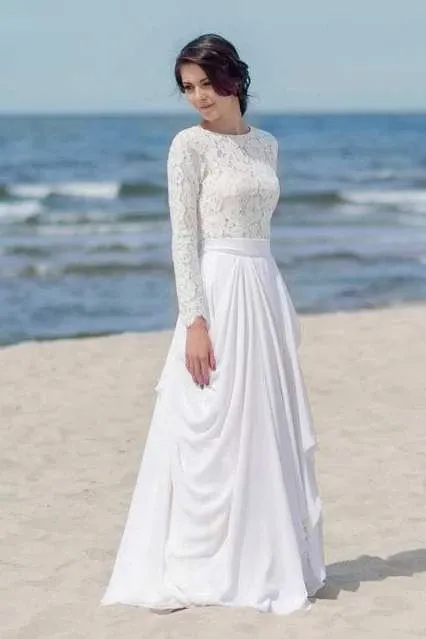Anneprom Chiffon Lace Button Long Sleeve White Zipper Wedding Dress APW0354