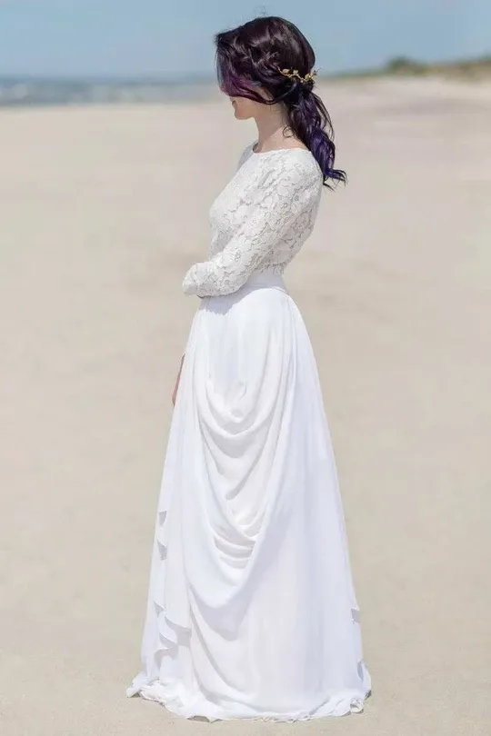Anneprom Chiffon Lace Button Long Sleeve White Zipper Wedding Dress APW0354