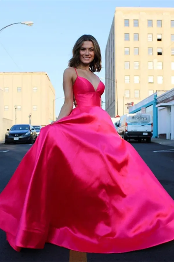 Anneprom Cute A line Deep V neck Lace up Pink Satin Long Prom Dresses APP0518