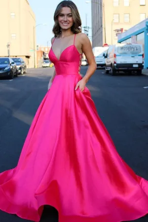 Anneprom Cute A line Deep V neck Lace up Pink Satin Long Prom Dresses APP0518