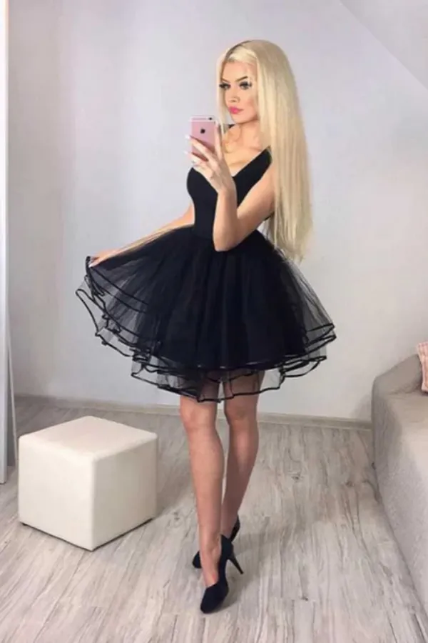 Anneprom Cute Black Tulle A line Cheap Homecoming Dresses, Short Prom Dresses APH0185