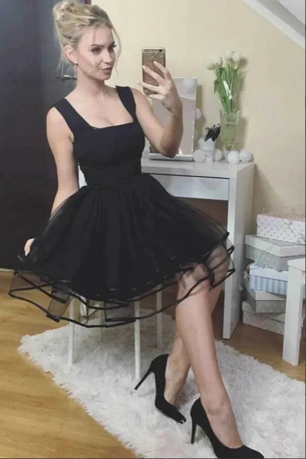 Anneprom Cute Black Tulle A line Cheap Homecoming Dresses, Short Prom Dresses APH0185