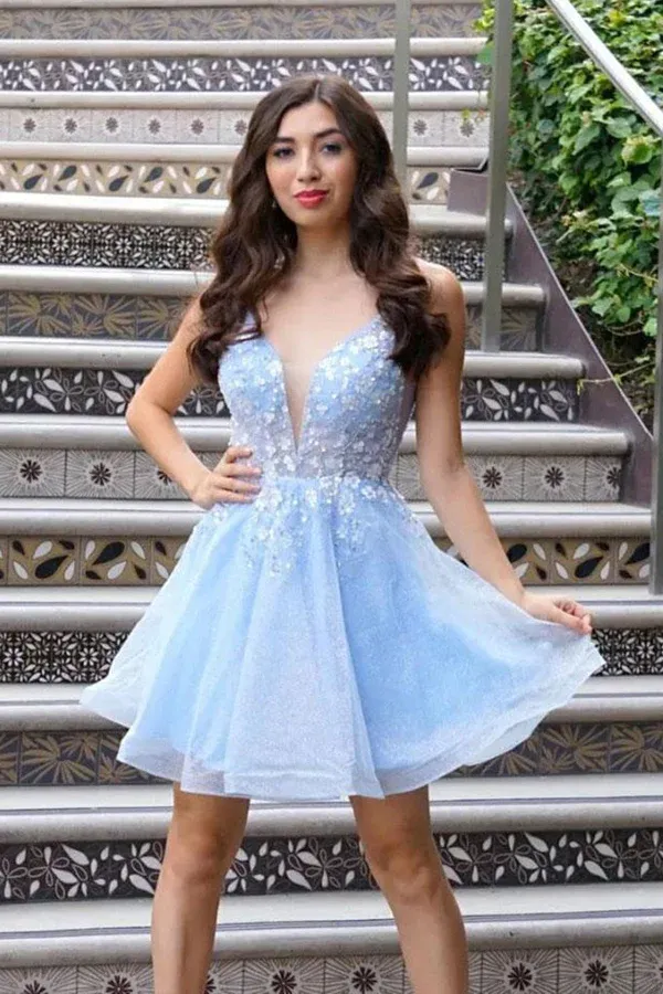 Anneprom Cute V Neck Light Blue Lace Floral Short Prom Homecoming Dresses APH0154