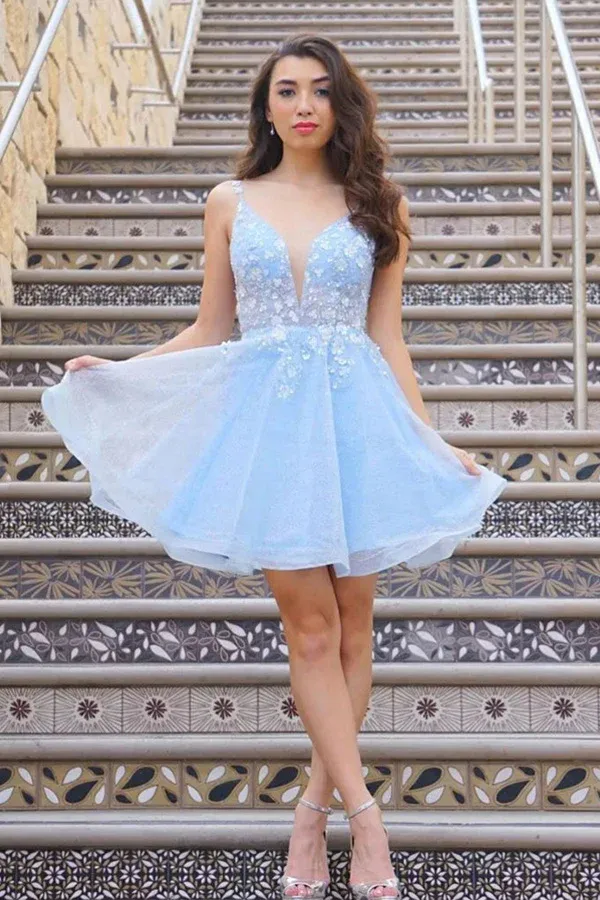 Anneprom Cute V Neck Light Blue Lace Floral Short Prom Homecoming Dresses APH0154