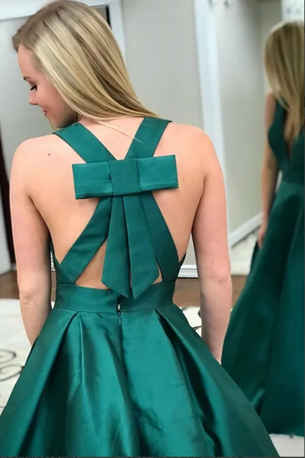 Anneprom Dark Green Satin A Line V Neck Prom Dresses With Pockets, Evening Gown APP0529