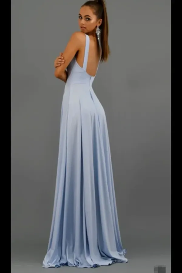 Anneprom Deep V Neck Blue Long Prom Dresses Simple Bridesmaid Dresses APP0414