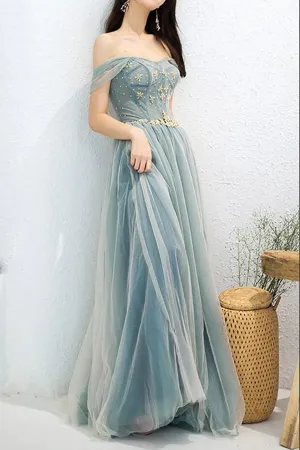 Anneprom Dusty Blue Tulle Beaded Off the Shoulder Long Prom Dresses, Formal Dress APP0584