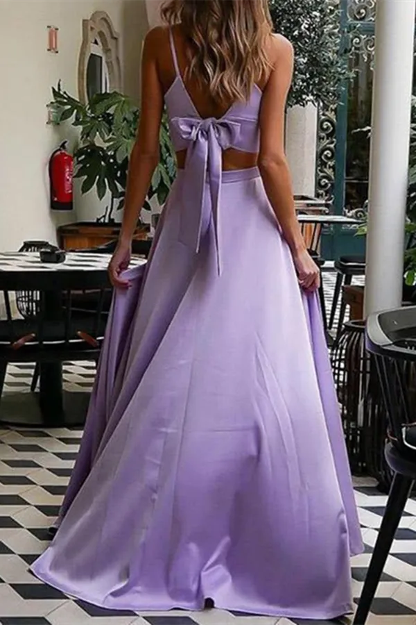 Anneprom Fashion Satin Straps A Line Prom Dresses Two Pieces Gowns With Slit APP0505