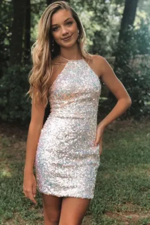 Anneprom Glitter White Sequins Short Homecoming Dress,Graduation Dresses APH0156