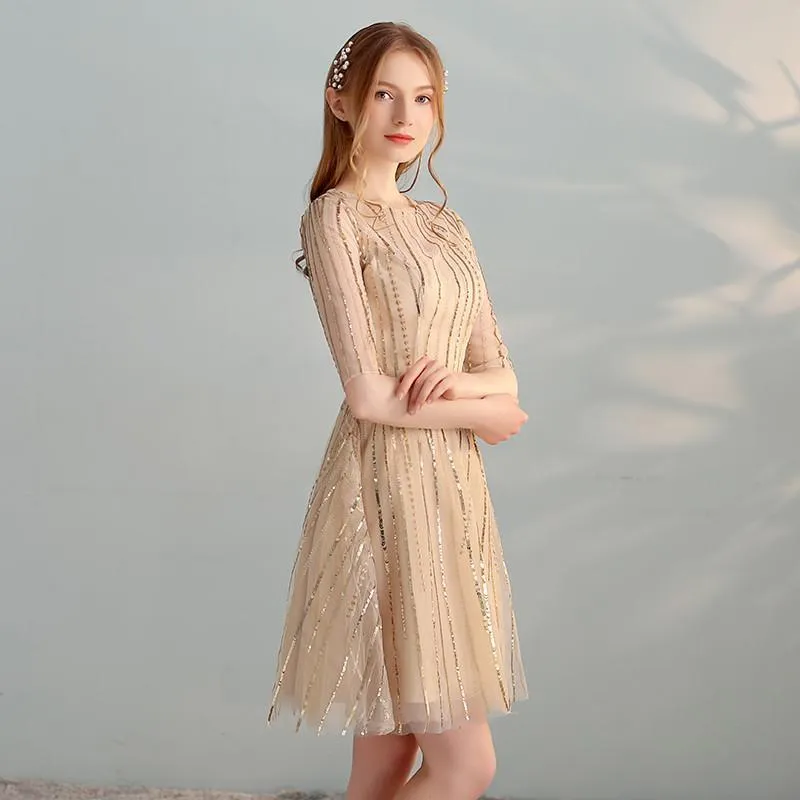 Anneprom Gold Sequins A Line Short Tulle Half Sleeves Homecoming Dresses APH0071