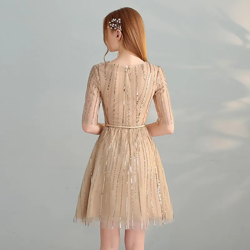 Anneprom Gold Sequins A Line Short Tulle Half Sleeves Homecoming Dresses APH0071