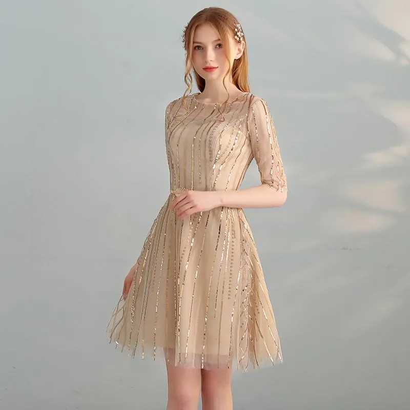 Anneprom Gold Sequins A Line Short Tulle Half Sleeves Homecoming Dresses APH0071