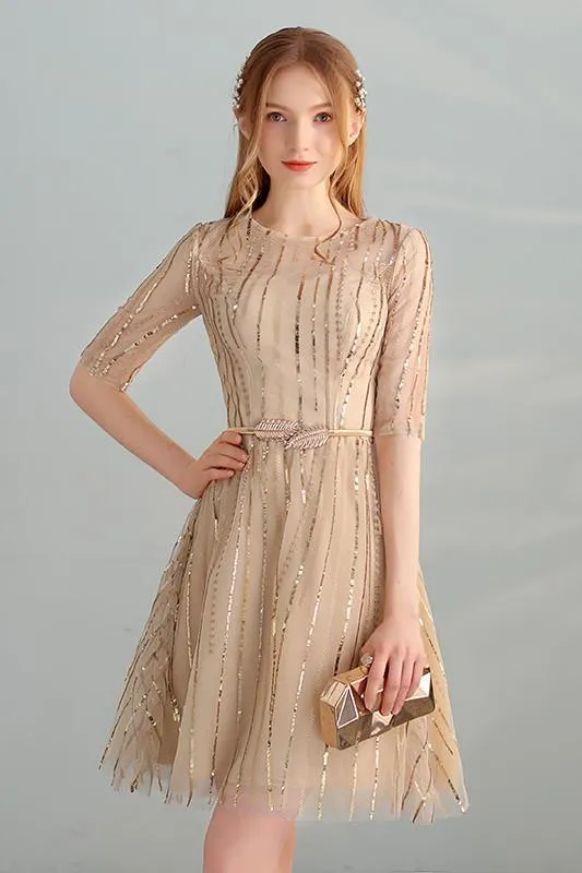 Anneprom Gold Sequins A Line Short Tulle Half Sleeves Homecoming Dresses APH0071