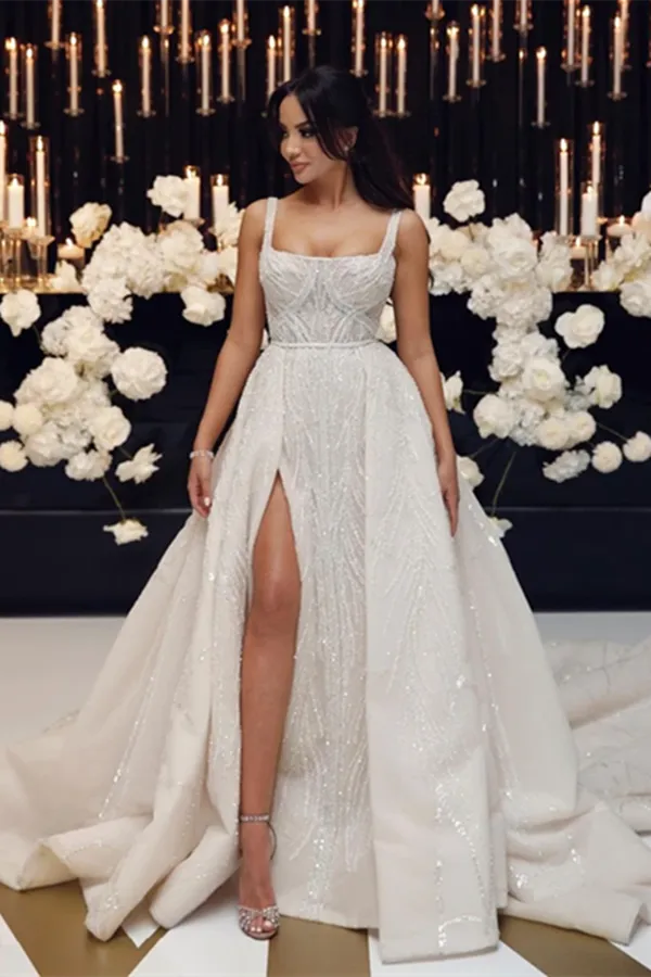 Anneprom Gorgeous Beaded Lace Spaghetti Straps A line Chapel Train Wedding Dresses APW0379
