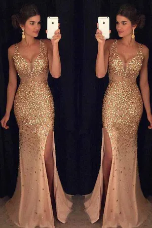 Anneprom Gorgeous Tulle V-Neck Neckline Mermaid Evening Dresses With Beadings APP0252
