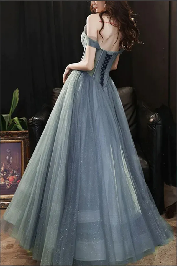 Anneprom Gray Blue Tulle A line Sweetheart Neck Long Prom Dresses, Evening Dresses APP0663