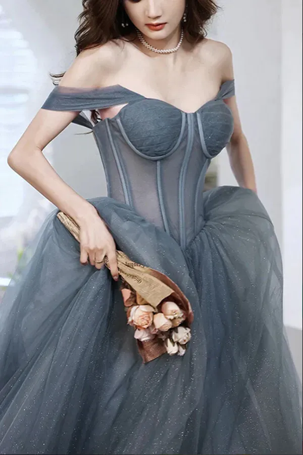 Anneprom Gray Blue Tulle A line Sweetheart Neck Long Prom Dresses, Evening Dresses APP0663