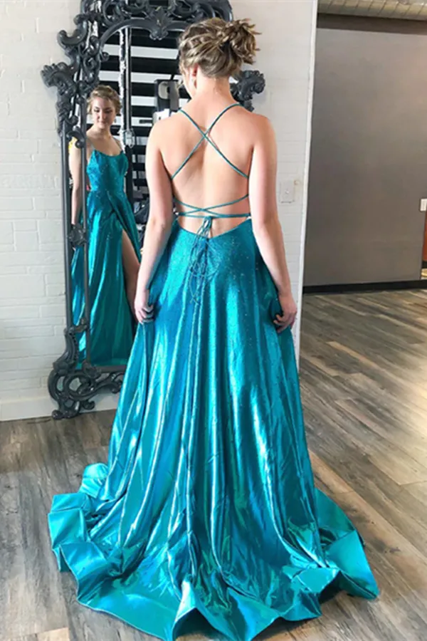 Anneprom Halter Satin Slit Prom Dresses with Sequins Long Prom Gown Evening Dress APP0610