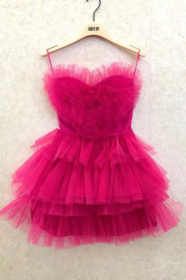 Anneprom Hot Pink Spaghetti Straps Homecoming Dress With Layers, Party Gown, Graduation Dress APH0200