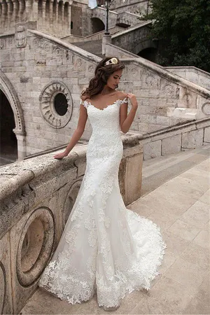 Anneprom Illusion Neckline Lace Mermaid Long Wedding Dresses APW0129