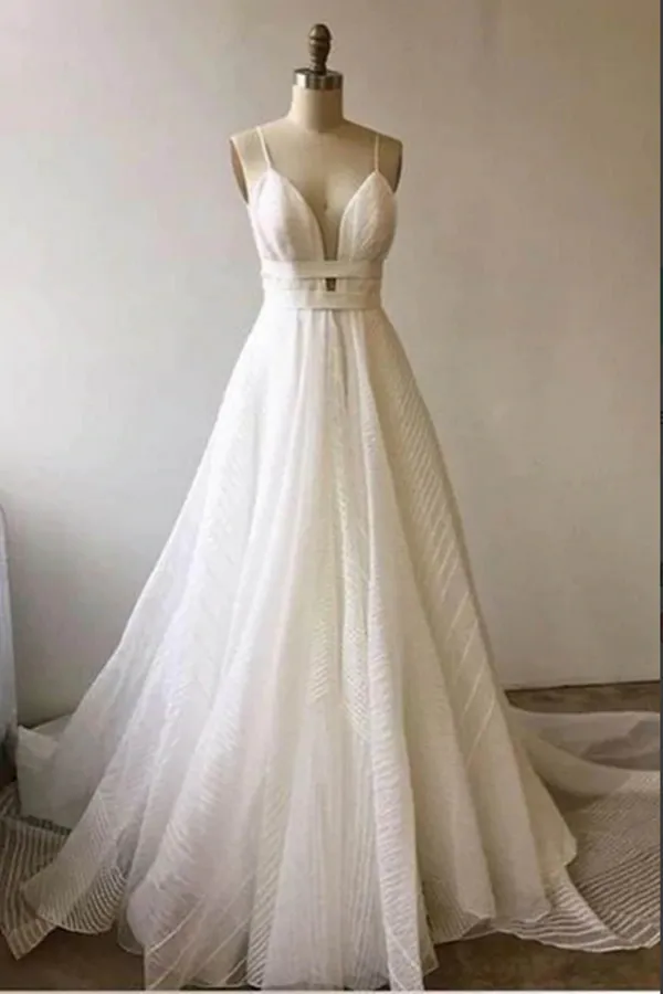 Anneprom Lace A line Deep V neck Backless Court Train Prom Dresses With Sash APP0623