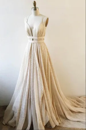 Anneprom Lace A line Deep V neck Backless Court Train Prom Dresses With Sash APP0623