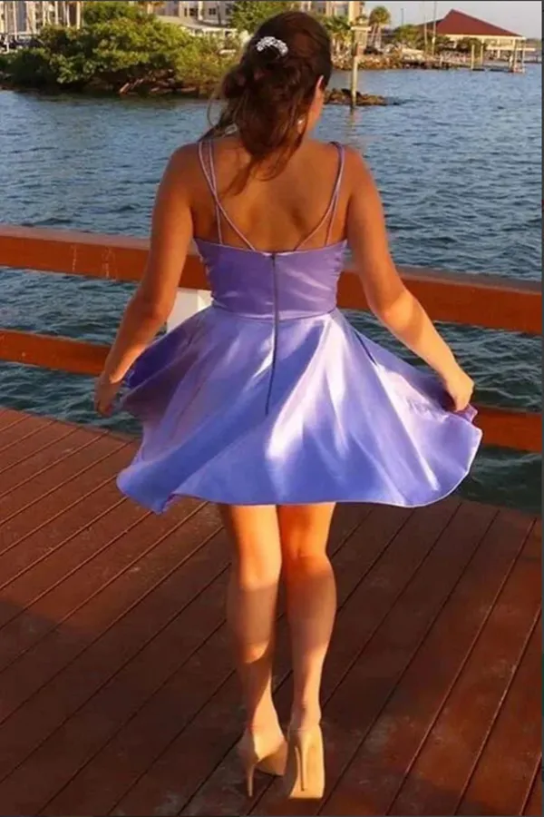 Anneprom Lavender Satin A line Spaghetti Straps Homecoming Dresses With Pocket APH0158