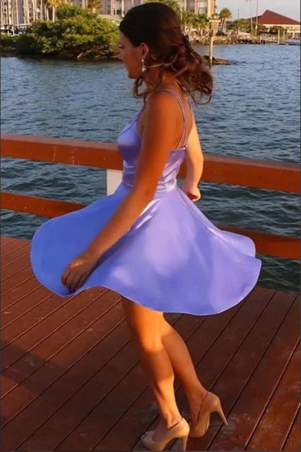 Anneprom Lavender Satin A line Spaghetti Straps Homecoming Dresses With Pocket APH0158