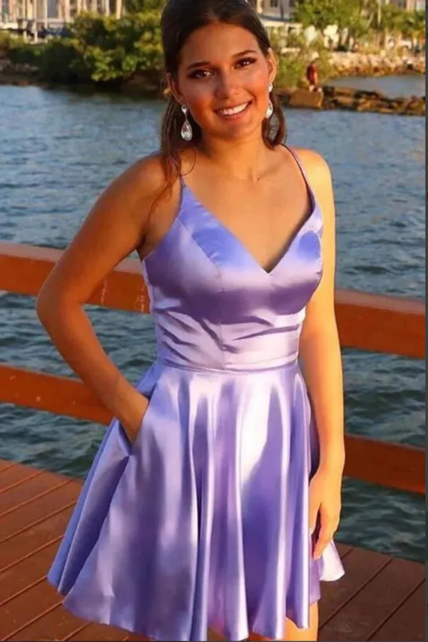 Anneprom Lavender Satin A line Spaghetti Straps Homecoming Dresses With Pocket APH0158