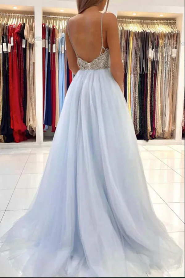 Anneprom Light Blue Tulle A line V neck Backless Long Prom Dresses, Evening Gown APP0579