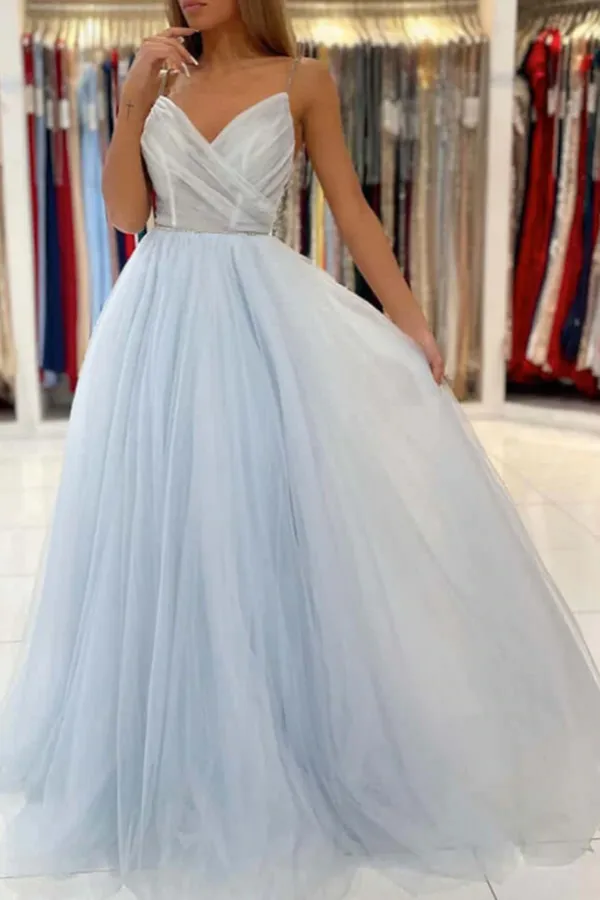 Anneprom Light Blue Tulle A line V neck Backless Long Prom Dresses, Evening Gown APP0579