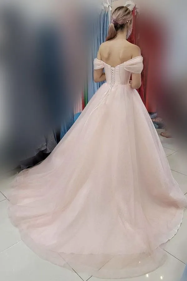 Anneprom Light Pink Off The Shoulder Long Tulle Prom Evening Dress, A Line Simple Party Dress APP0516