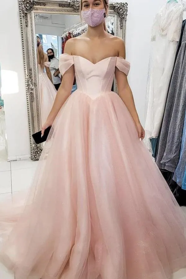 Anneprom Light Pink Off The Shoulder Long Tulle Prom Evening Dress, A Line Simple Party Dress APP0516