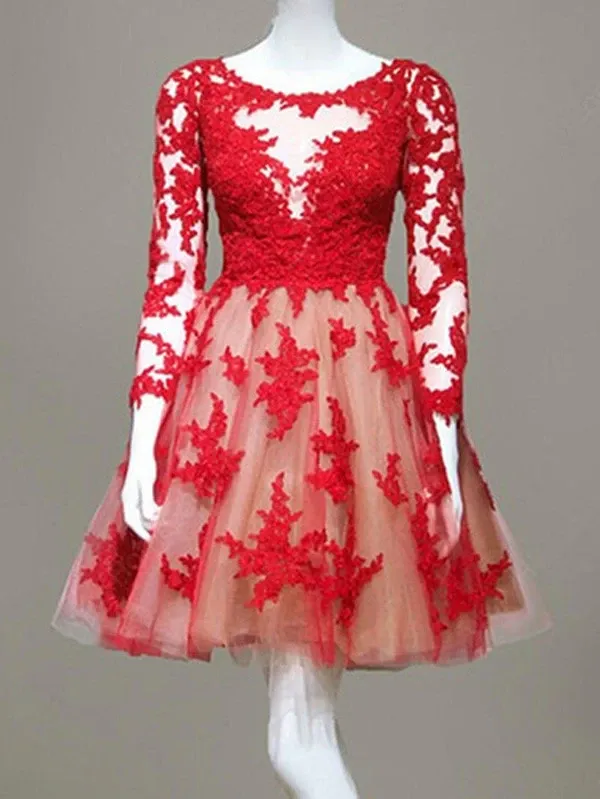 Anneprom long sleeve prom dresses,Red A-line Scoop Short Mini Tulle Homecoming Dress APH0095