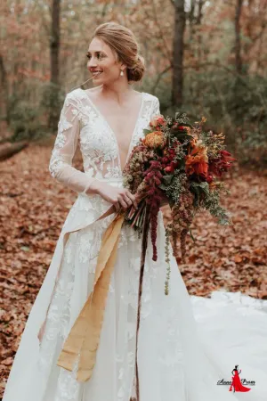Anneprom Long Sleeve V neck Lace Tulle Boho Wedding Gowns Rustic Bridal Dress APW0365