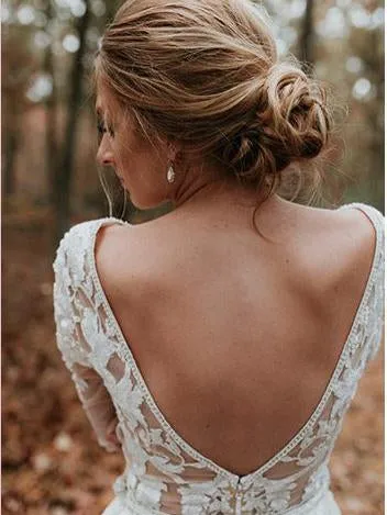 Anneprom Long Sleeve V neck Lace Tulle Boho Wedding Gowns Rustic Bridal Dress APW0365