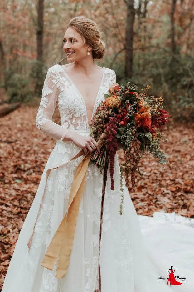 Anneprom Long Sleeve V neck Lace Tulle Boho Wedding Gowns Rustic Bridal Dress APW0365