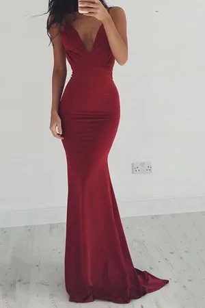 Anneprom Mermaid Deep V-Neck Backless Burgundy Satin Prom Dress APP0192