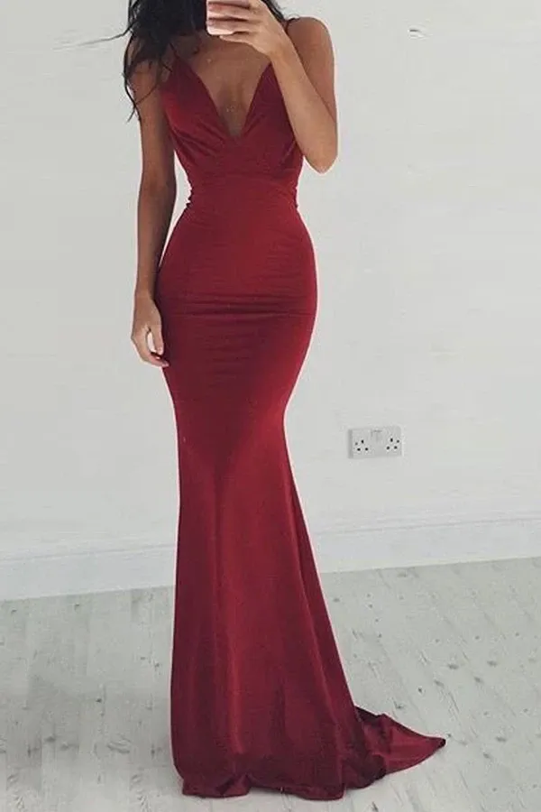 Anneprom Mermaid Deep V-Neck Backless Burgundy Satin Prom Dress APP0192
