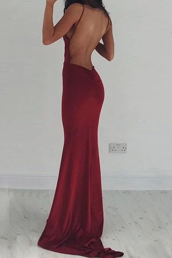 Anneprom Mermaid Deep V-Neck Backless Burgundy Satin Prom Dress APP0192