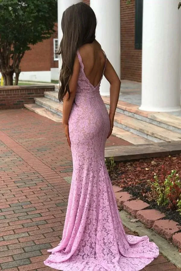 Anneprom Mermaid Deep V-Neck Floor Length Lace Prom Dresses With Beading APP0205