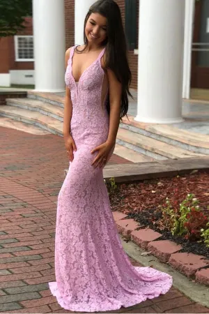 Anneprom Mermaid Deep V-Neck Floor Length Lace Prom Dresses With Beading APP0205
